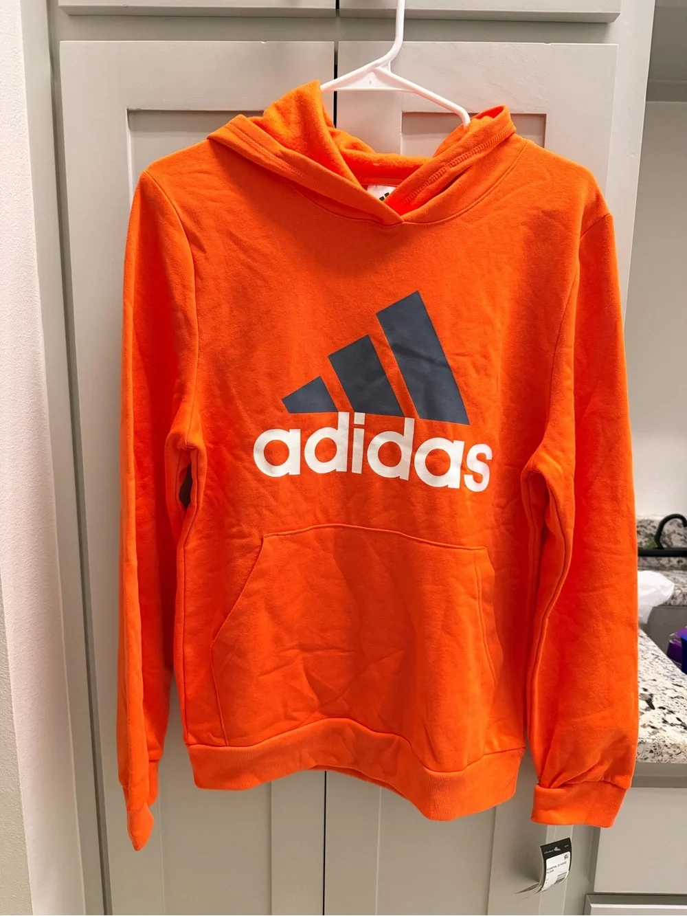 adidas Men's Bright Orange Crewneck Hoodie with Navy Logo